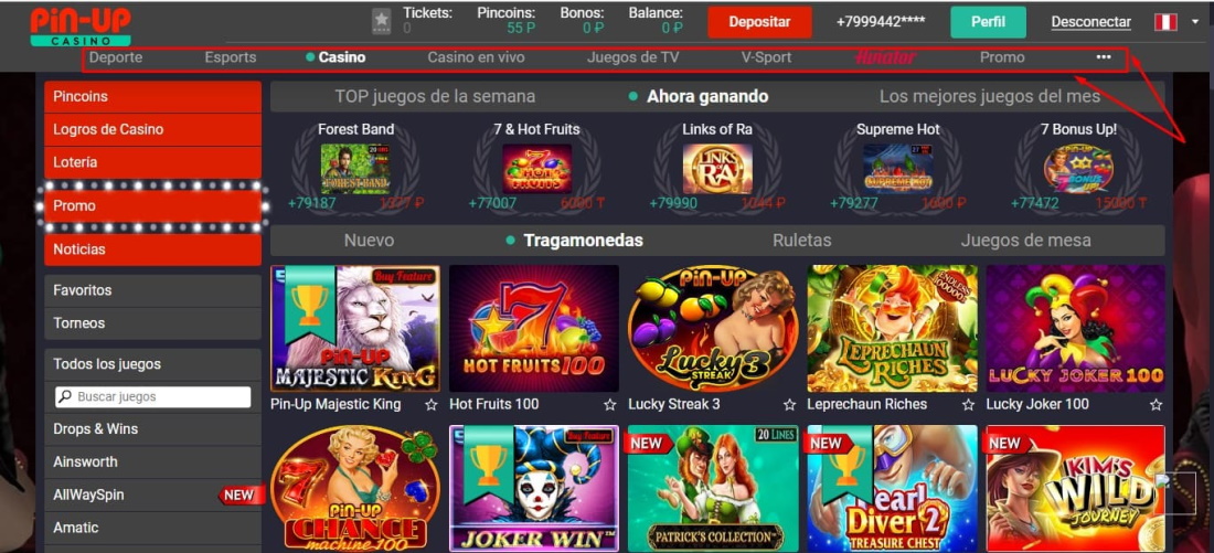 la plataforma del casino menú